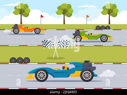 Formula Racing Sport Car Reach on Race Circuit die Ziellinie Cartoon Illustration, um die Meisterschaft in Flat Style Design zu gewinnen Stock Vektor