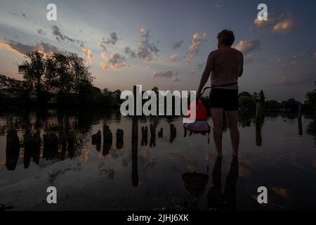 Henley on Thames, Großbritannien. 19.. Juli 2022. An dem möglicherweise heißesten aufgezeichneten Tag Großbritanniens schwimmt ein Freiwasserschwimmer bei Sonnenaufgang in der Themse in der Nähe von Henley auf der Themse. Allan Staley/Alamy Live News Stockfoto