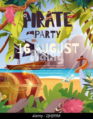 Poster zur Piratenparty-Einladung. Segelndes Piratenschiff mit schwarzen Fahnen im Meer. Stock Vektor