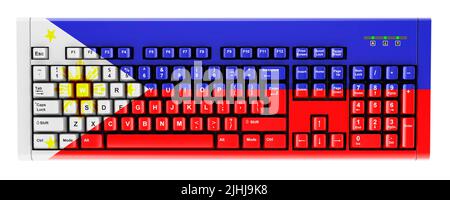 Philippinische Flagge auf Computertastatur gemalt. 3D Darstellung isoliert auf weißem Hintergrund Stockfoto
