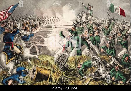 Die Schlacht von Buena Vista, 22. Bis 23. Februar 1847, alias die Schlacht von La Angostura, die während des mexikanisch-amerikanischen Krieges, 1846 - 1848, ausgetragen wurde. Nach einem Werk, das 1847 von Nathaniel Currier veröffentlicht wurde. Stockfoto