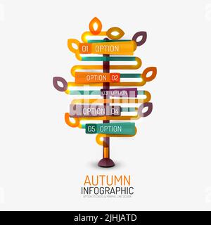 Herbstoption Banner, Infografik minimales Design aus Linie und Aufkleber mit Optionen Stock Vektor
