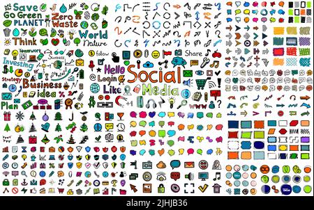 Riesige Mega-Sammlung von farbigen handgezeichneten Doodle-Icons - Social, Business, Web und Internet, Buttons, Frames, Natur und Ökologie, Sprechblasen, Pfeil Stock Vektor