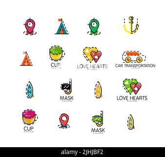 Eingestellt von abstrakten Reisen Logo Icons. Geschäft, app oder Internet Web-Symbole. Dünne Linien und Farben mit weiß Stock Vektor
