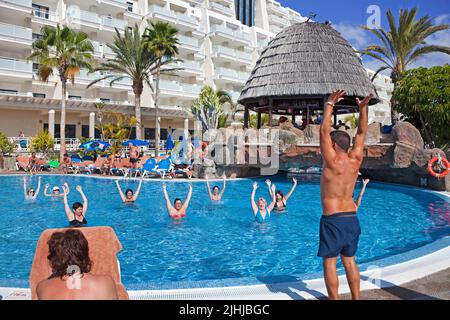 Poolanimation im Hotel, Taurito, Kanarische Inseln, Spanien, Europa Stockfoto