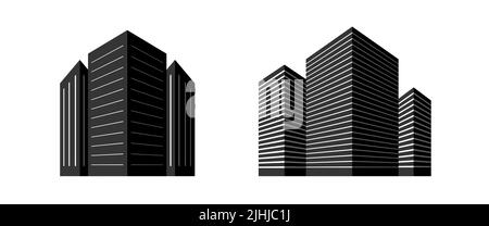 Gruppe von Gebäuden eingestellt. 3 mehrstöckige schwarze Häuser. Büroapartments für Geschäftsreisende. Vektorsymbol mit Schatten und Perspektive. Stock Vektor