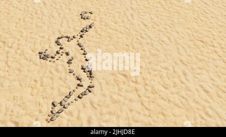 Konzept konzeptuelle Steine am Strand Sand handgemachte Symbolform, goldener sandiger Hintergrund, Volleyballspieler Schild. 3D Illustration Metapher für Sport Stockfoto