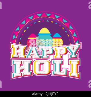 Aufkleber Stil Happy Holi Schriftart Mit Schlamm Töpfe Voller Trockener Farbe (Gulal) Auf Violettem Hintergrund. Stock Vektor