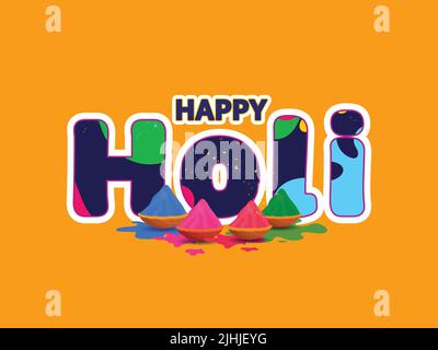 Sticker Stil Happy Holi Schriftart Mit Schalen Voller Puderfarbe (Gulal) Auf Orangefarbenem Hintergrund. Stock Vektor