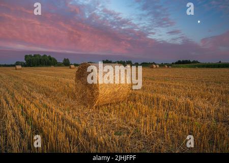 Bunte Abendwolken und Heuballen auf dem Feld, schöne ländliche Landschaft Stockfoto