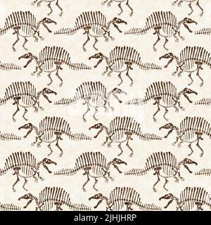 Braun handgezeichnete Spinosaurus fossile Knochen Dinosaurier nahtloses Muster. Geschlechtsspezifische neutrale jurassische Silhouette für die Babykrippe. Home Dekor für Museum Stockfoto