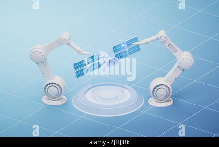 Mechanischer Arm mit intelligentem Fertigungskonzept, 3D Rendering. Digitale Zeichnung des Computers. Stockfoto