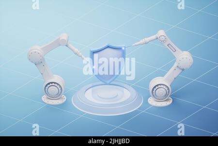 Mechanischer Arm mit intelligentem Fertigungskonzept, 3D Rendering. Digitale Zeichnung des Computers. Stockfoto