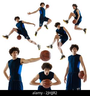 Collage aus dynamischen Porträts von männlichen Basketballspieler spielen Basketball isoliert weißen Studio Hintergrund gemacht. Sport, Team, Wettkampfkonzept Stockfoto