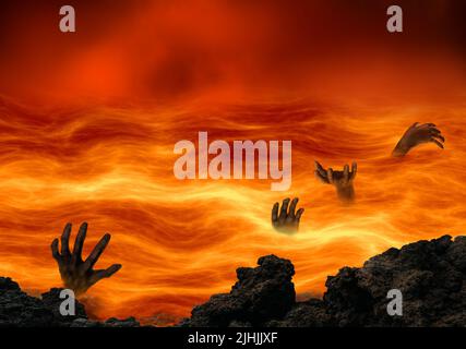 Konzeptuelle Hölle mit gequälten Seelen, die im Feuersee brennen. Religiöses Themenkonzept. Stockfoto