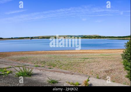 Lewes UK 19. July 2022 - der Wasserstand im Arlington Reservoir in der Nähe von Lewes in East Sussex ist heute während der aktuellen Hitzewelle zu 71% voll, wobei die Temperaturen in einigen Teilen Großbritanniens voraussichtlich über 40 Grad steigen werden. Eine extreme rote Wetterwarnung wurde für heute in Teilen Großbritanniens ausgegeben : Credit Simon Dack / Alamy Live News Stockfoto