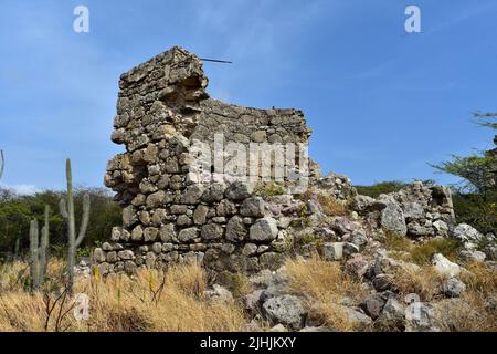 Verbleibende Steinmauer der Goldmühle Balashi in der Wüste von Aruba. Stockfoto