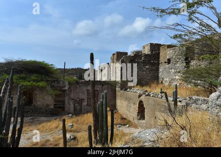 Historische Steinruinen von Balashi Gold Mills im ländlichen Aruba. Stockfoto