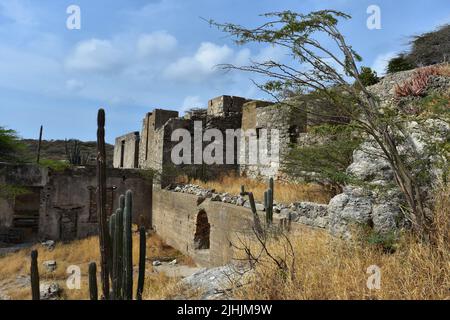 Bröckelnde Steinruinen der Balashi Gold Mills in der Wüste von Aruba. Stockfoto