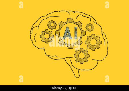 Rotierende Zahnräder im menschlichen Gehirn. Abbildung auf gelbem Hintergrund. Konzept der künstlichen Intelligenz. Stockfoto