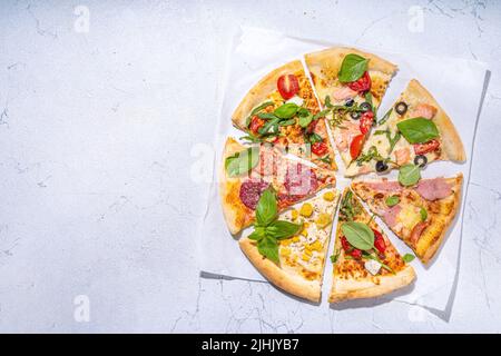 Verschiedene Geschmacksrichtungen Pizza Scheiben mit verschiedenen traditionellen Füllung - Meeresfrüchte Fisch Lachs, Hawaiian mit Huhn, vegetarisches Gemüse margarita, Fleisch Stockfoto