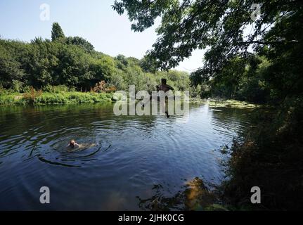 Ash Crane springt in den River Lea in der Nähe von Hackney Marshes im Osten Londons, da die Briten am heißesten britischen Tag der Rekorde schmelzen werden, da die Temperaturen voraussichtlich 40C Grad erreichen werden. Bilddatum: Dienstag, 19. Juli 2022. Stockfoto