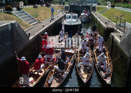 Bray, Großbritannien. 19.. Juli 2022. Schwanenboot auf der Themse bei Bray Lock. Swan Upping ist die traditionelle britische jährliche Zählung der Schwäne und Cygnets an der Themse durch die Royal Swan Uppers und Swan Uppers der Lackhersteller der Winzer und Dyers. Leider ist die Zahl der Cygnets nach der Vogelgrippe Anfang dieses Jahres und der Zahl der Schwäne, die durch brutale Hundeangriffe und Jugendliche getötet wurden, zurückgegangen. Quelle: Maureen McLean/Alamy Live News Stockfoto