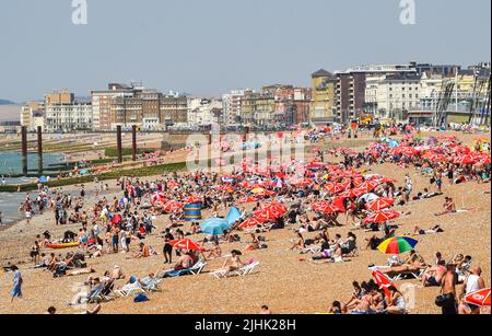 Brighton UK 19. July 2022 - Sonnenanbeter genießen den heißesten Tag des Jahres am Brighton Beach, da heute für Teile Großbritanniens Temperaturen von über 40 Grad prognostiziert werden. Eine rote Unwetterwarnung ist noch vorhanden, aber die Bedingungen werden sich in den nächsten Tagen abkühlen : Credit Simon Dack / Alamy Live News Stockfoto