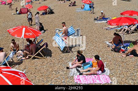 Brighton UK 19. July 2022 - Sonnenanbeter genießen den heißesten Tag des Jahres am Brighton Beach, da heute für Teile Großbritanniens Temperaturen von über 40 Grad prognostiziert werden. Eine rote Unwetterwarnung ist noch vorhanden, aber die Bedingungen werden sich in den nächsten Tagen abkühlen : Credit Simon Dack / Alamy Live News Stockfoto