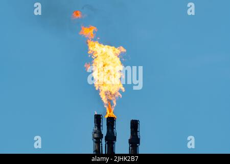 Gasflackern in der Ölraffinerie, Fackelstapel, der überschüssiges Gas abbrennt. Ölraffinerie Flamme, Fackeln, Abfackeln, Schornstein, Verschmutzung, Petrochemie, Rauchschornstein. VEREINIGTES KÖNIGREICH Stockfoto