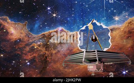 Das erste Foto des James Webb Teleskops. Carina-Nebel, NASA Webb enthüllt kosmische Klippen, glitzernde Landschaft von Sternentöchern. Elemets von Stockfoto