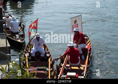 Bray, Großbritannien. 19.. Juli 2022. Schwanenboot auf der Themse bei Bray Lock. Swan Upping ist die traditionelle britische jährliche Zählung der Schwäne und Cygnets an der Themse durch die Royal Swan Uppers und Swan Uppers der Lackhersteller der Winzer und Dyers. Leider ist die Zahl der Cygnets nach der Vogelgrippe Anfang dieses Jahres und der Zahl der Schwäne, die durch brutale Hundeangriffe und Jugendliche getötet wurden, zurückgegangen. Quelle: Maureen McLean/Alamy Live News Stockfoto