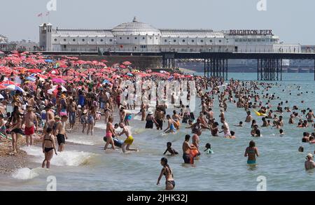 Menschen sonnen sich an einem überfüllten Brighton Beach. Die Briten werden am heißesten britischen Tag der Rekorde schmelzen, da die Temperaturen voraussichtlich auf 40C steigen werden. Bilddatum: Dienstag, 19. Juli 2022. Stockfoto