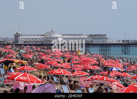 Menschen sonnen sich an einem überfüllten Brighton Beach. Die Briten werden am heißesten britischen Tag der Rekorde schmelzen, da die Temperaturen voraussichtlich auf 40C steigen werden. Bilddatum: Dienstag, 19. Juli 2022. Stockfoto