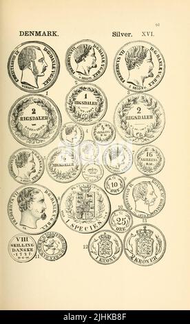 Münzen und Medaillen Dänemarks aus dem Buch illustrierte Enzyklopädie der Gold- und Silbermünzen der Welt; illustriert das moderne, alte, aktuelle und neugierige, von 1885 n. Chr. zurück bis 700 v. Chr. von Andrew Madsen Smith, Erscheinungsdatum 1886 Stockfoto