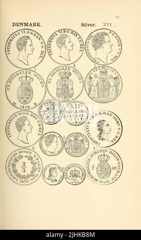 Münzen und Medaillen Dänemarks aus dem Buch illustrierte Enzyklopädie der Gold- und Silbermünzen der Welt; illustriert das moderne, alte, aktuelle und neugierige, von 1885 n. Chr. zurück bis 700 v. Chr. von Andrew Madsen Smith, Erscheinungsdatum 1886 Stockfoto