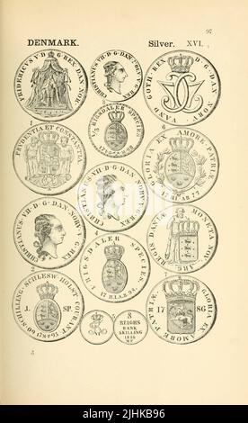 Münzen und Medaillen Dänemarks aus dem Buch illustrierte Enzyklopädie der Gold- und Silbermünzen der Welt; illustriert das moderne, alte, aktuelle und neugierige, von 1885 n. Chr. zurück bis 700 v. Chr. von Andrew Madsen Smith, Erscheinungsdatum 1886 Stockfoto