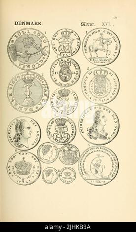 Münzen und Medaillen Dänemarks aus dem Buch illustrierte Enzyklopädie der Gold- und Silbermünzen der Welt; illustriert das moderne, alte, aktuelle und neugierige, von 1885 n. Chr. zurück bis 700 v. Chr. von Andrew Madsen Smith, Erscheinungsdatum 1886 Stockfoto