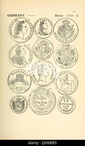 Münzen und Medaillen Deutschlands aus dem Buch illustrierte Enzyklopädie der Gold- und Silbermünzen der Welt; illustriert das moderne, antike, aktuelle und neugierige, von 1885 n. Chr. zurück bis 700 v. Chr. von Andrew Madsen Smith, Erscheinungsdatum 1886 Stockfoto