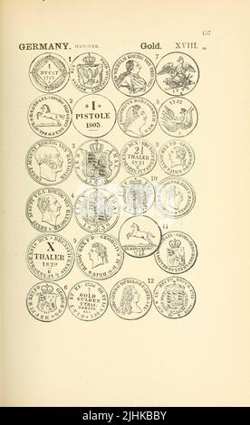 Münzen und Medaillen Deutschlands aus dem Buch illustrierte Enzyklopädie der Gold- und Silbermünzen der Welt; illustriert das moderne, antike, aktuelle und neugierige, von 1885 n. Chr. zurück bis 700 v. Chr. von Andrew Madsen Smith, Erscheinungsdatum 1886 Stockfoto