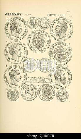 Münzen und Medaillen Deutschlands aus dem Buch illustrierte Enzyklopädie der Gold- und Silbermünzen der Welt; illustriert das moderne, antike, aktuelle und neugierige, von 1885 n. Chr. zurück bis 700 v. Chr. von Andrew Madsen Smith, Erscheinungsdatum 1886 Stockfoto