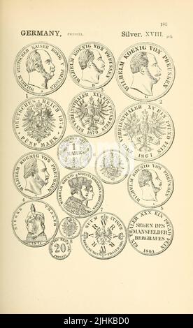 Münzen und Medaillen Deutschlands aus dem Buch illustrierte Enzyklopädie der Gold- und Silbermünzen der Welt; illustriert das moderne, antike, aktuelle und neugierige, von 1885 n. Chr. zurück bis 700 v. Chr. von Andrew Madsen Smith, Erscheinungsdatum 1886 Stockfoto