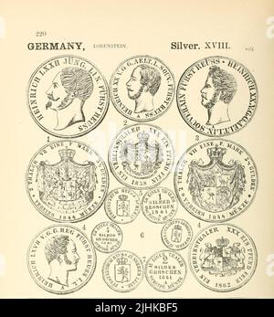 Münzen und Medaillen Deutschlands aus dem Buch illustrierte Enzyklopädie der Gold- und Silbermünzen der Welt; illustriert das moderne, antike, aktuelle und neugierige, von 1885 n. Chr. zurück bis 700 v. Chr. von Andrew Madsen Smith, Erscheinungsdatum 1886 Stockfoto