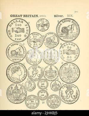 Münzen und Medaillen des Britischen Reiches in Afrika aus dem Buch illustrierte Enzyklopädie der Gold- und Silbermünzen der Welt; illustriert das moderne, alte, aktuelle und neugierige, von 1885 n. Chr. zurück bis 700 v. Chr. von Andrew Madsen Smith, Erscheinungsdatum 1886 Stockfoto
