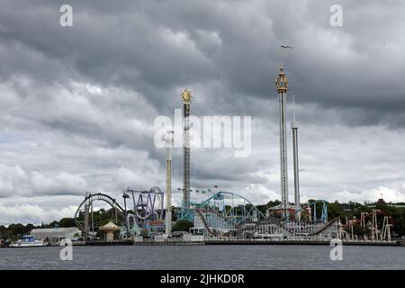 Blick auf den Vergnügungspark Grona Lund auf Djurgarden Island in Stockholm Stockfoto