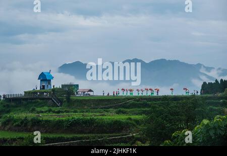 (220719) -- QINGTIAN, 19. Juli 2022 (Xinhua) -- auf diesem Luftfoto feiern die Dorfbewohner in traditionellen Kostümen, während sie anfangen, Fischbraten in Reisfeldern in Xiaozhoushan, Bezirk Qingtian, ostchinesische Provinz Zhejiang, zu pflügen und freizugeben, 11. Juni 2020. Das Reis-Fisch-Kokultur-System in Qingtian hat eine Geschichte von mehr als 1.300 Jahren und wurde in die weltweit erste Gruppe der Global Important Agricultural Heritage Systems (GIAHS) aufgenommen, die 2005 von der Ernährungs- und Landwirtschaftsorganisation der Vereinten Nationen (FAO) ernannt wurde. Qingtian, im südwestlichen Teil von Zhejiang, hat Stockfoto