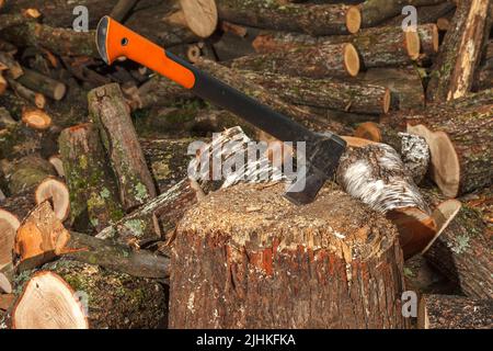 Eine spezielle Axt zum Spalten von Holz wird in den Baumstamm geklebt. Die Axt teilt das Log für die Trocknung und die anschließende Vorbereitung für den Heizschrott im Winter. Stockfoto