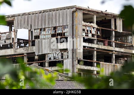 Asbest verkleideter shoreham-Zement arbeitet jetzt verfällt mit Stütztürmen und Förderern gebrochene Fenster und Asbestplatten ein braunes Feld-Gelände eingezäunt Stockfoto