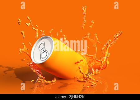 Orange Drinks können Splash 3D Render mit orangefarbenem Hintergrund, geeignet für 3D Mockup Stockfoto