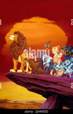 SIMBA, TIMON, PUMBAA, RAFIKI, RAFIKI, NALA, SCAR, DER KÖNIG DER LÖWEN, 1994 Stockfoto